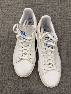 Adidas Stan Smith White Leather Sneakers Multicolor Embroidered Trefoil